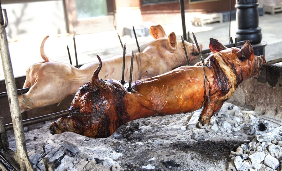 Vista de cochinillo asado cocinándose