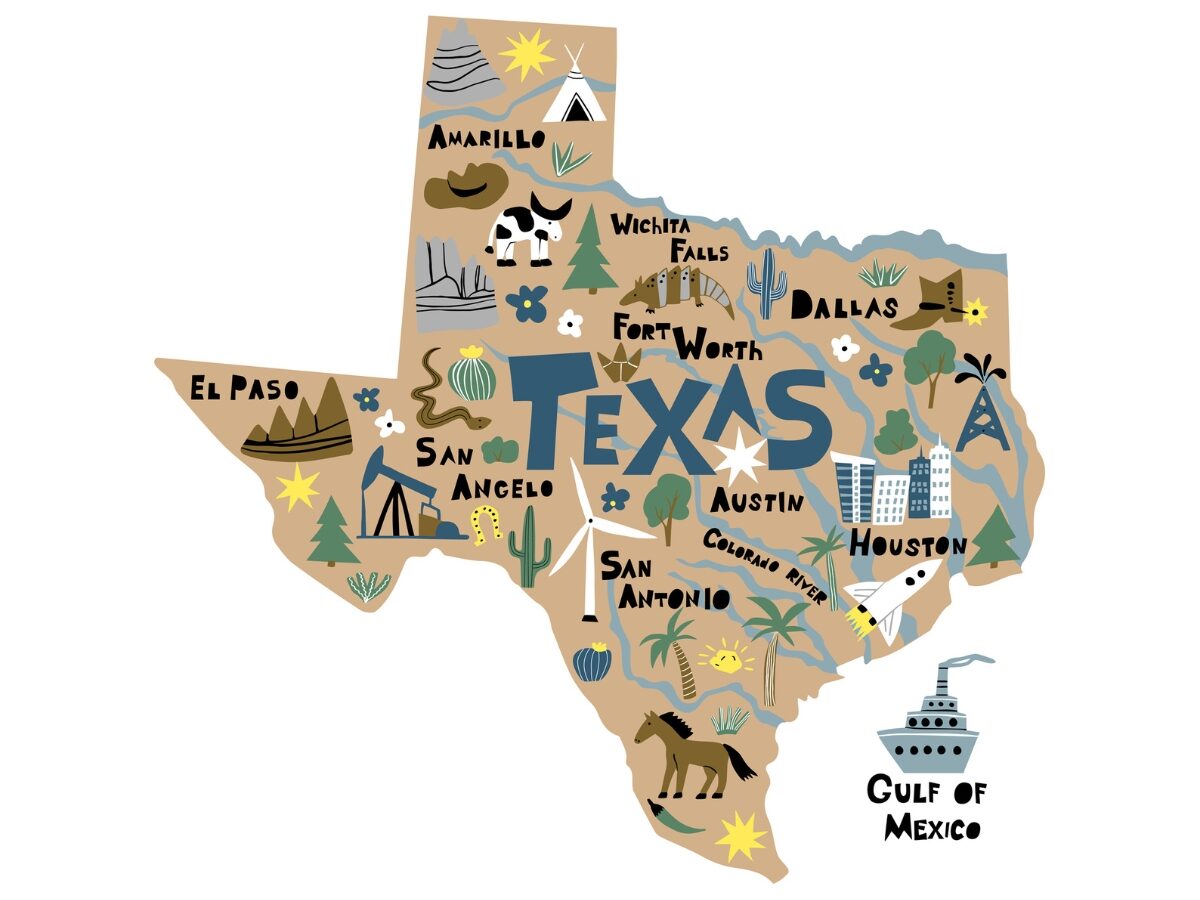 Ilustración vectorial dibujada a mano plana infográfica de Texas.  Mapa de dibujos animados del estado americano.  - Noticias, lugares, comida, recreación y vida de Texas.